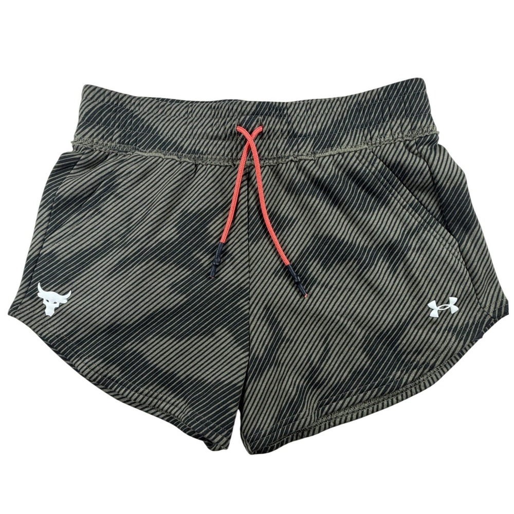 Under Armour Project Rock Print Shorts Womens Small Green Black Stripe 1371374